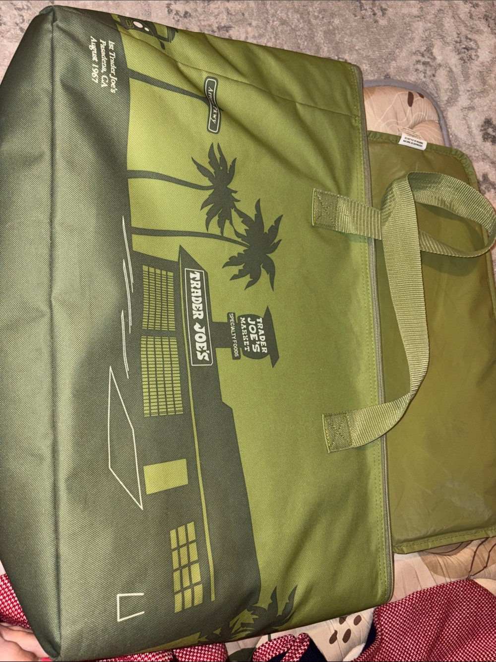 Trader Joe's Olive Green Duffel Tote Bag with Palm Graphic